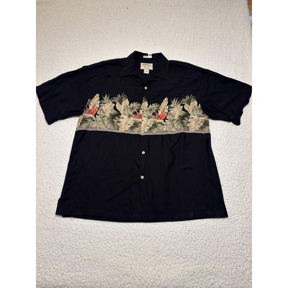 Bamboo Cay Mens Black Rayon Tropical Hawaiian Shirt Bird of Paradise Large
